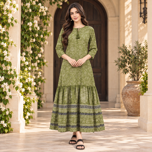Women's Olive Green Floral Printed Tiered Maxi Dress