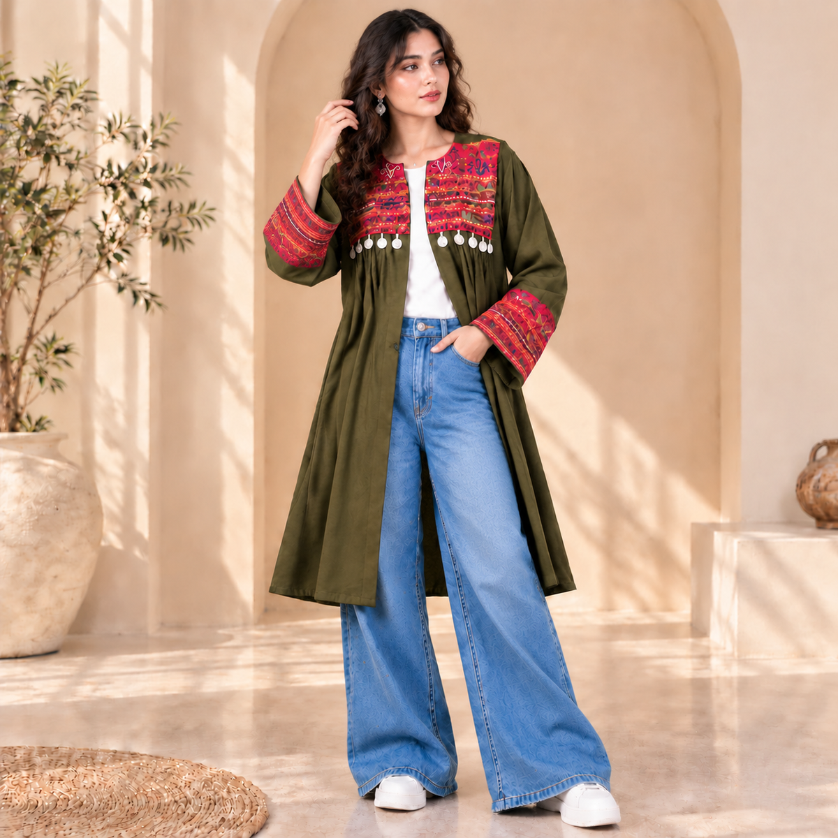 Afghan Heritage Olive Green Embroidered Coat