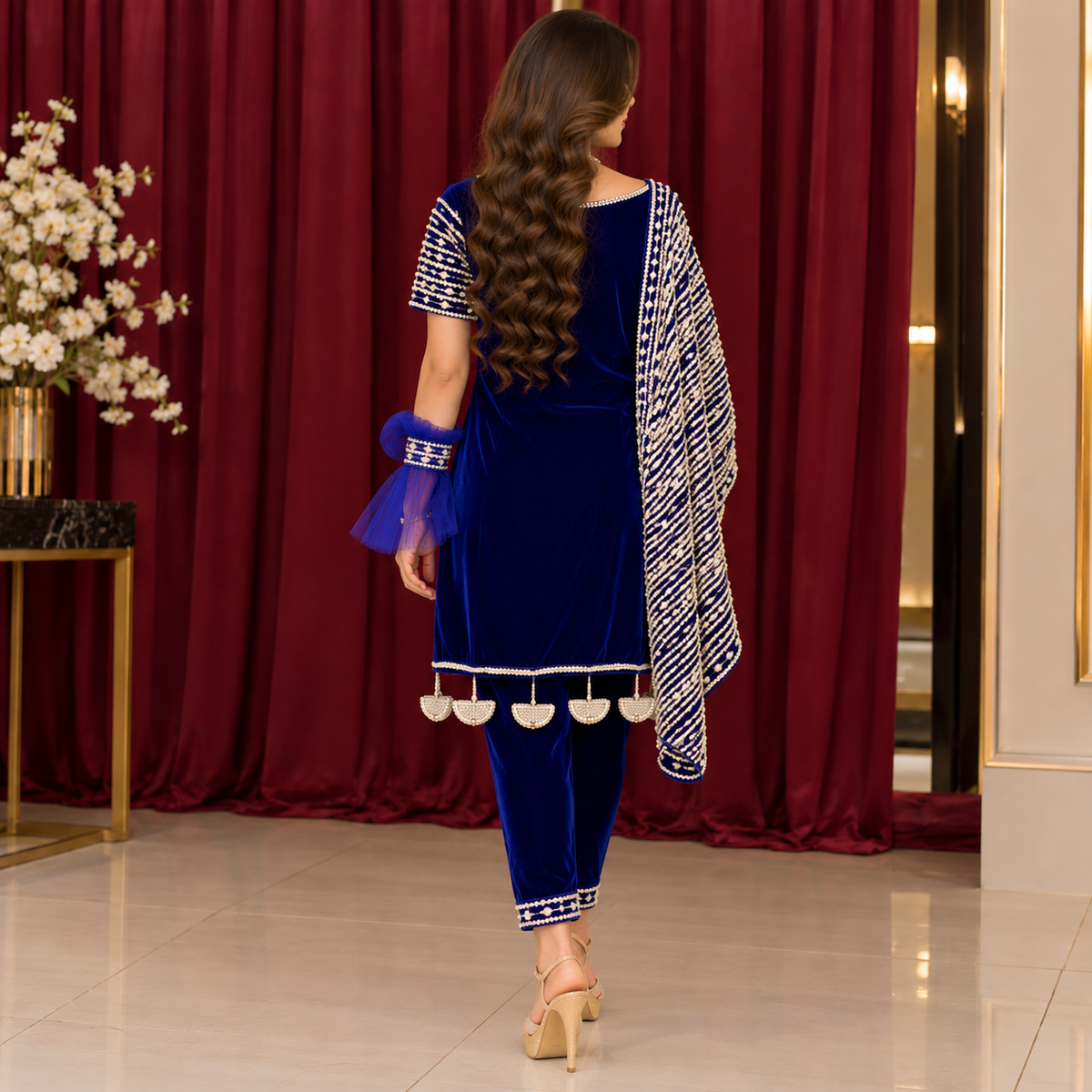 Royal Sapphire – Luxury Pearl Embellished Velvet Party Wear Ensemble