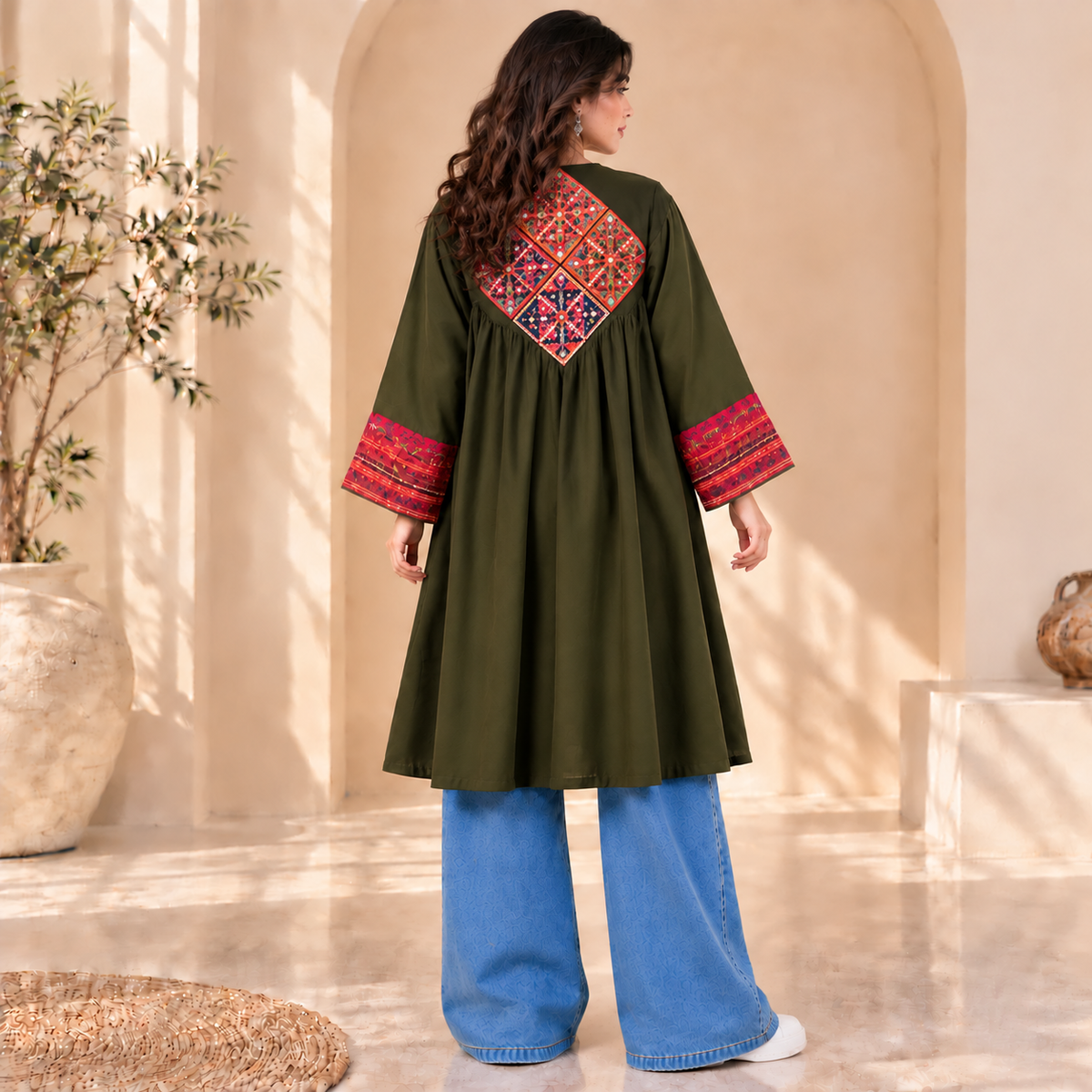 Afghan Heritage Olive Green Embroidered Coat
