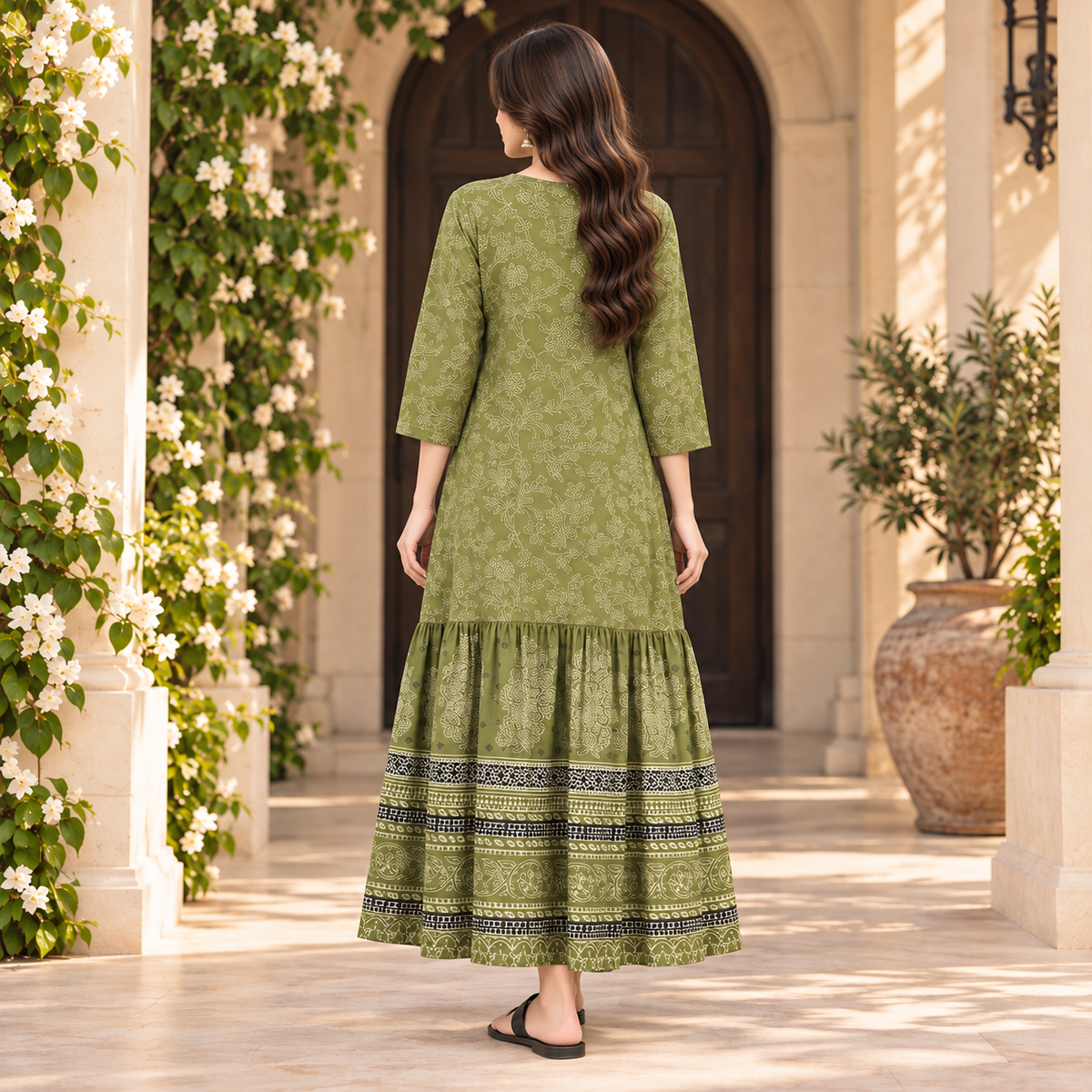 Women's Olive Green Floral Printed Tiered Maxi Dress
