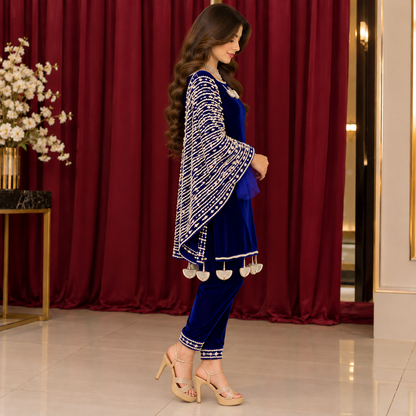 Royal Sapphire – Luxury Pearl Embellished Velvet Party Wear Ensemble