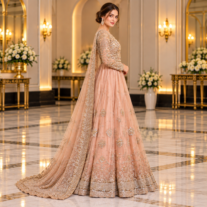 Royal Blush Peach Luxury Gold Embroidered Bridal Maxi Dress