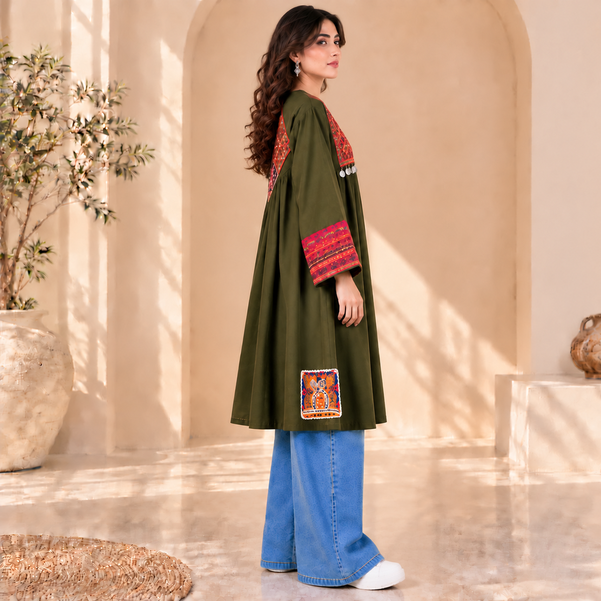 Afghan Heritage Olive Green Embroidered Coat