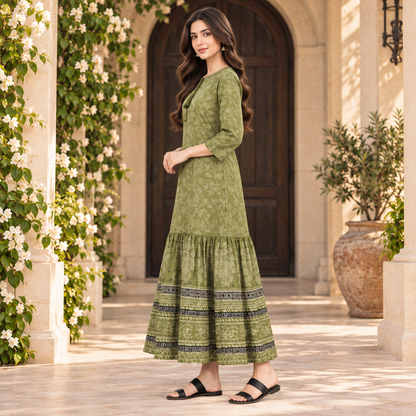 Women's Olive Green Floral Printed Tiered Maxi Dress