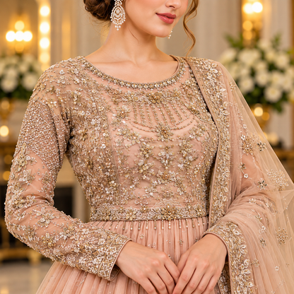 Royal Blush Peach Luxury Gold Embroidered Bridal Maxi Dress
