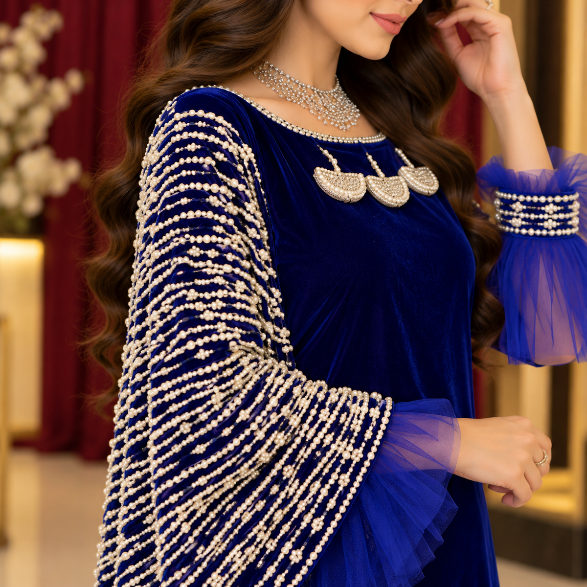 Royal Sapphire – Luxury Pearl Embellished Velvet Party Wear Ensemble