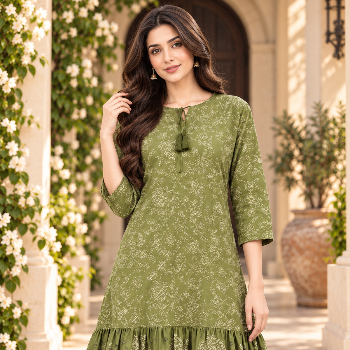 Women's Olive Green Floral Printed Tiered Maxi Dress