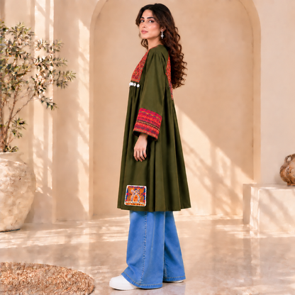 Afghan Heritage Olive Green Embroidered Coat