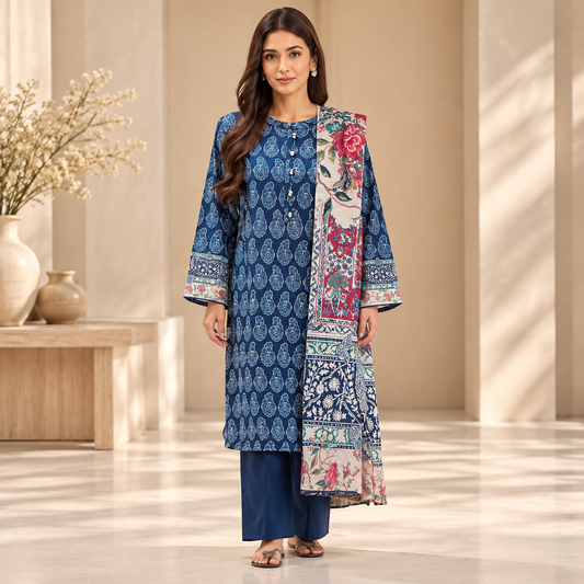 Royal Azure Floral Printed 3-Piece Suit