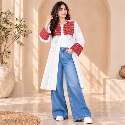 Afghan Heritage White Embroidered Statement Coat