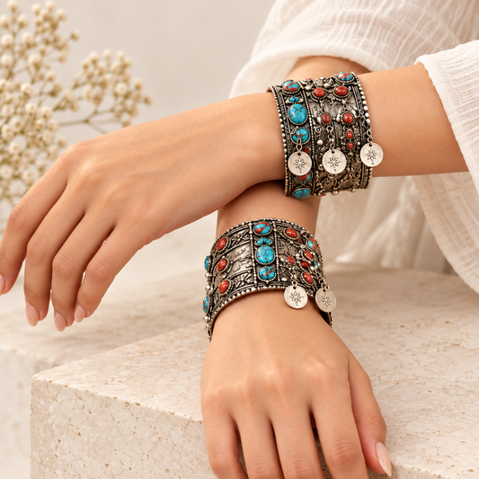 Turquoise Coral Tribal Cuff Bangles