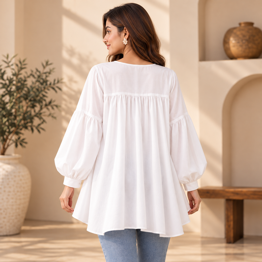Embroidered Tassel Tunic Top – White