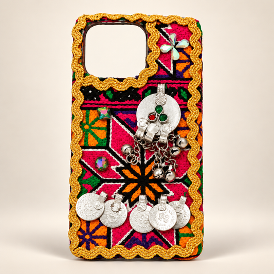 Traditional Handmade Embroidered Mobile Cover with Golden Trim & Silver Charms – Multicolor
