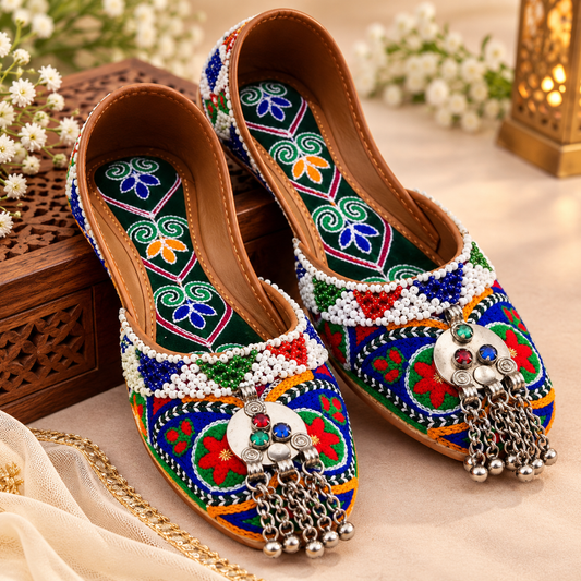 Multicolor Traditional Embroidered Khussa Shoes with Silver Charms