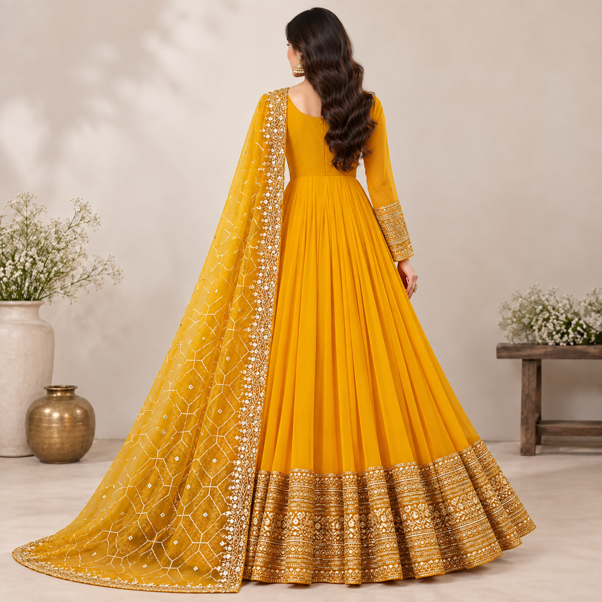 Mustard Gold Embroidered Anarkali Dress