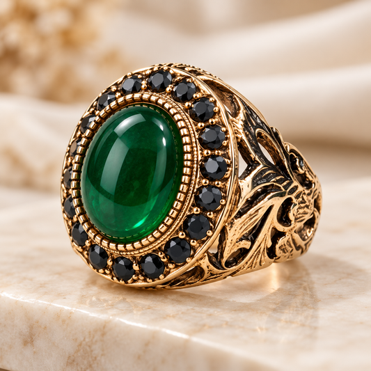 Luxury Emerald Green &amp; Black Stone Vintage Gold Filigree Ring