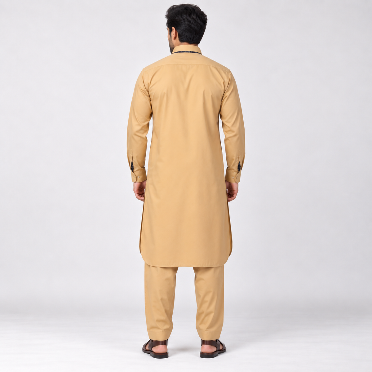 Classic Tan Shalwar Kameez with Patterned Trim