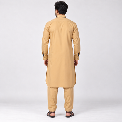 Classic Tan Shalwar Kameez with Patterned Trim