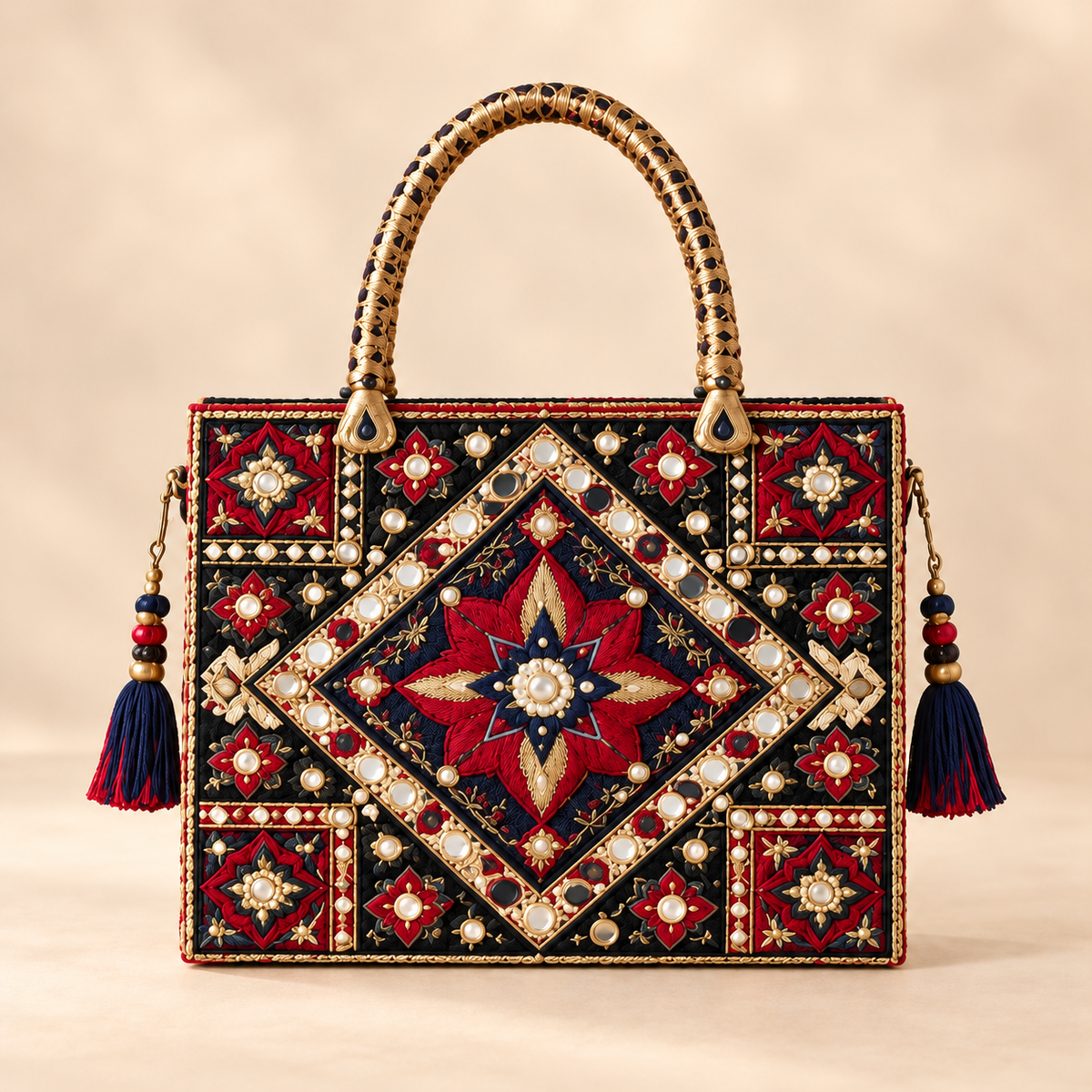 Royal Black & Ruby Red Handmade Embroidered Handbag with Mirror Work & Tassels