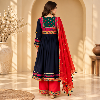 Afghan Traditional Embroidered Dress – Royal Navy Blue Heritage Suit
