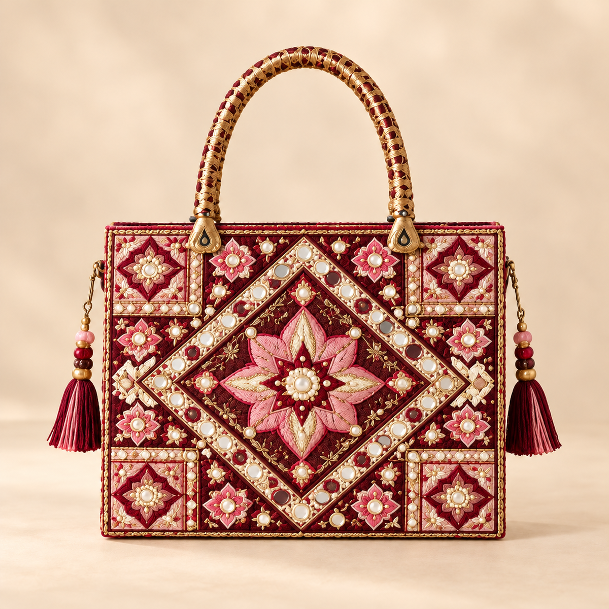 Royal Maroon Handmade Embroidered Handbag with Pink Floral Mirror Work & Golden Handle