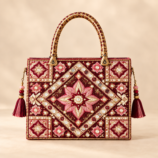 Royal Maroon Handmade Embroidered Handbag with Pink Floral Mirror Work & Golden Handle