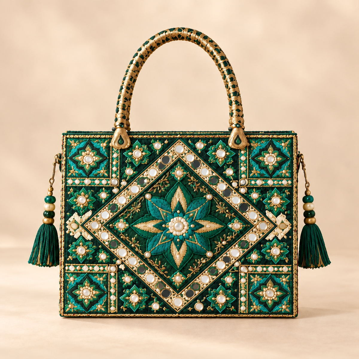 Royal Emerald Green Handmade Embroidered Handbag with Mirror Work, Golden Handle & Tassels