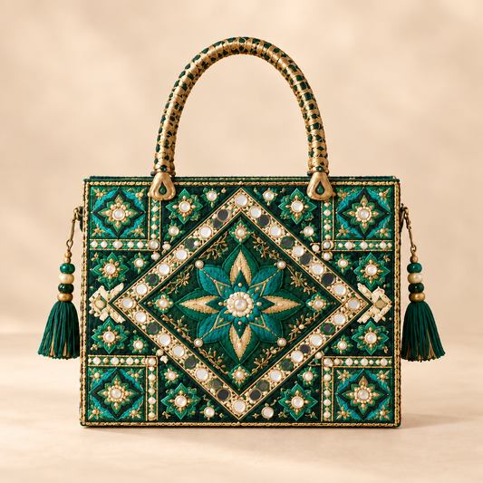 Royal Emerald Green Handmade Embroidered Handbag with Mirror Work, Golden Handle & Tassels