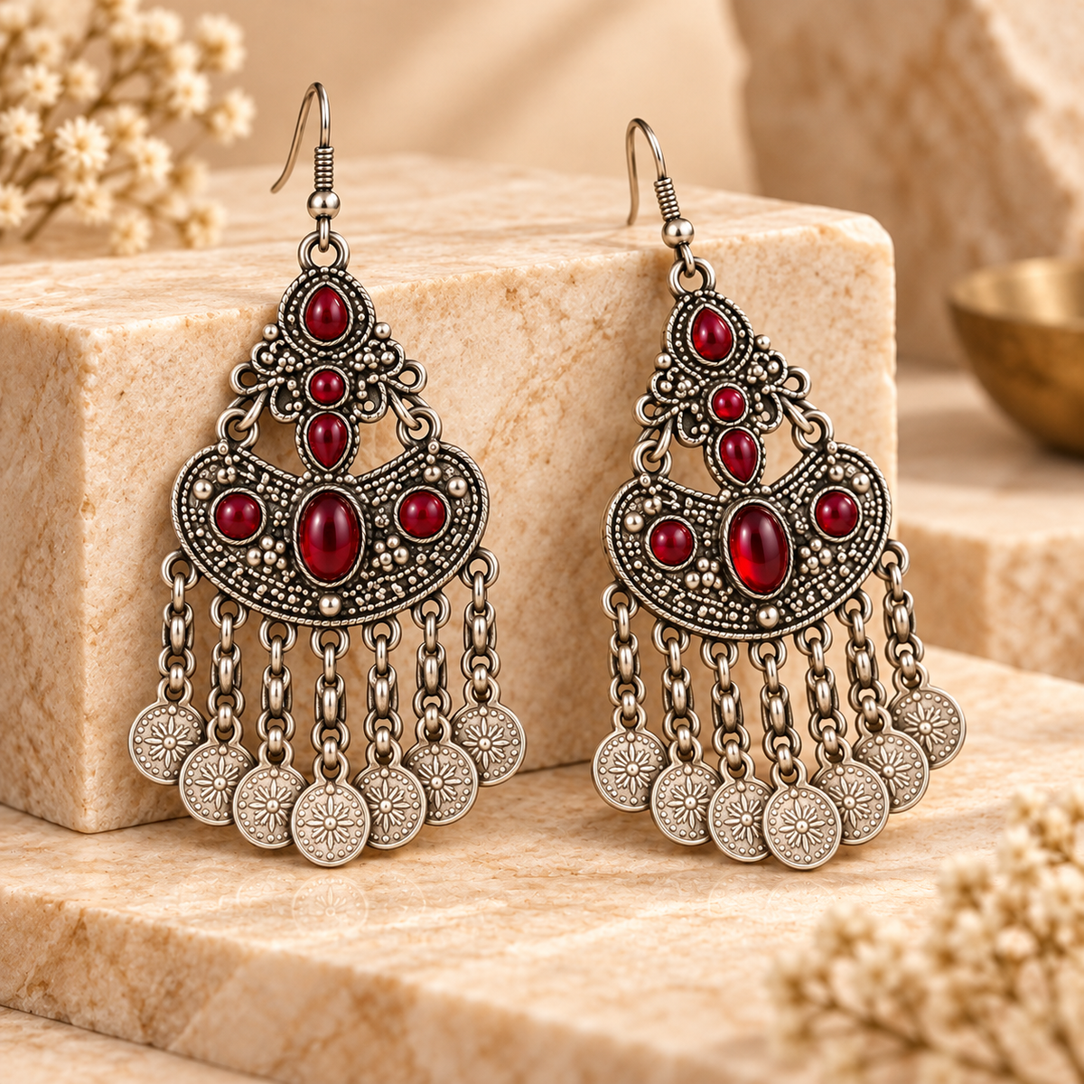 Antique Silver Ruby Red Stone Chandbali Earrings with Coin Danglers