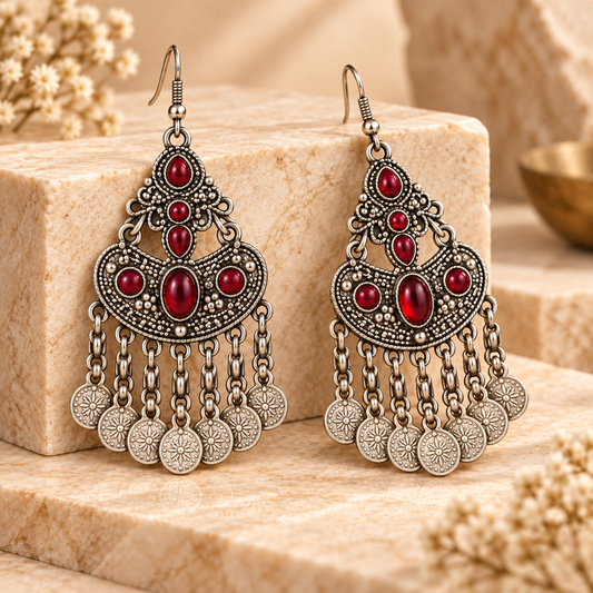 Antique Silver Ruby Red Stone Chandbali Earrings with Coin Danglers