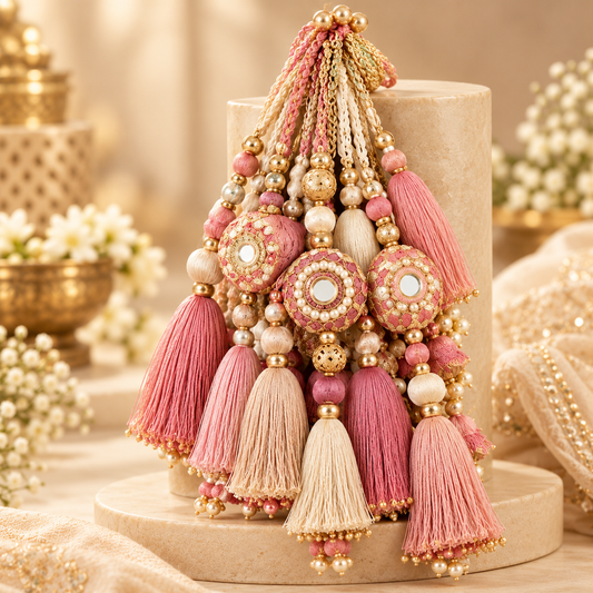 Luxury Blush Pink Handmade Tassels with Mirror Work, Golden Beads & Pearl Detailing