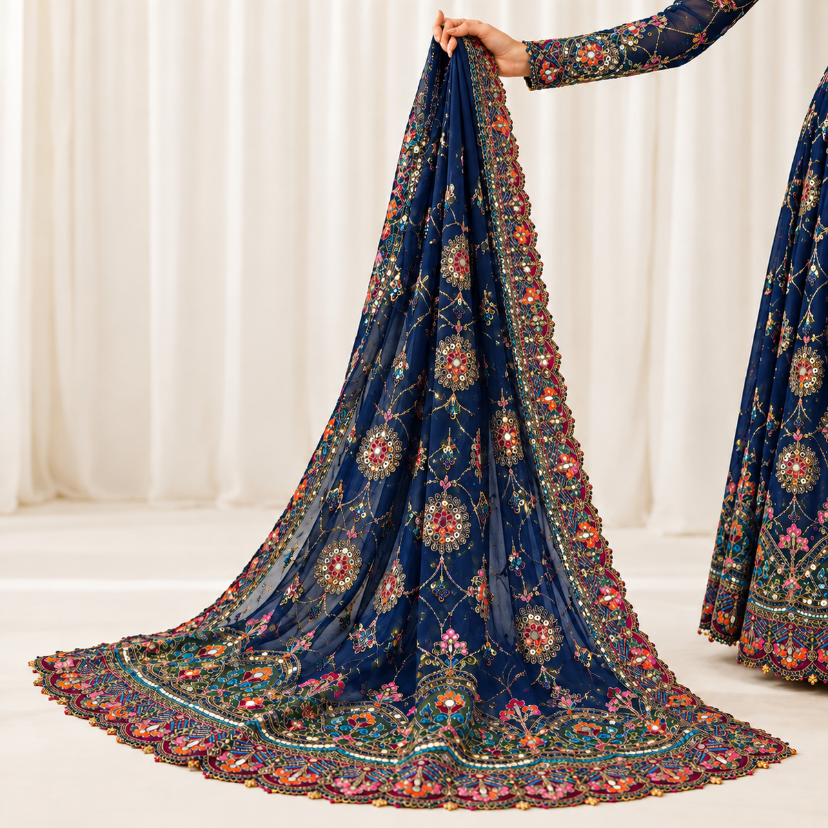 Royal Navy Multicolor Embroidered Bridal Dupatta