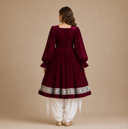 Maroon Velvet Afghan Dress