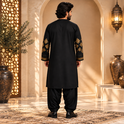 Afghan Traditional Black Embroidered Kurta Shalwar – Royal Gold Heritage Wear
