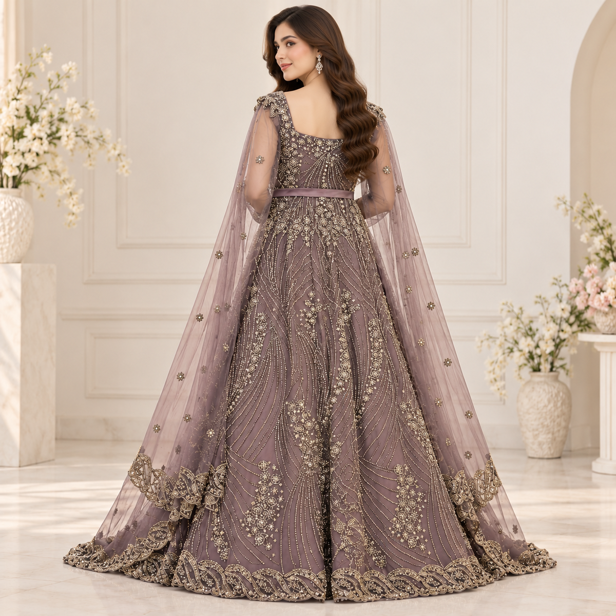 Luxury Mauve Gold Embroidered Bridal Maxi Dress with Net Dupatta