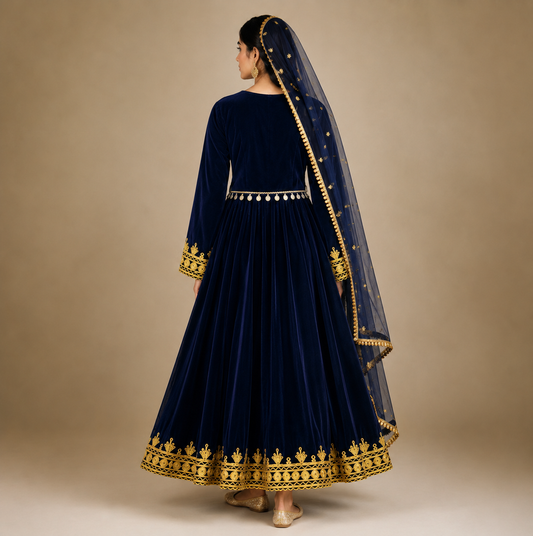 Navy Blue Velvet Afghan Maxi Dress