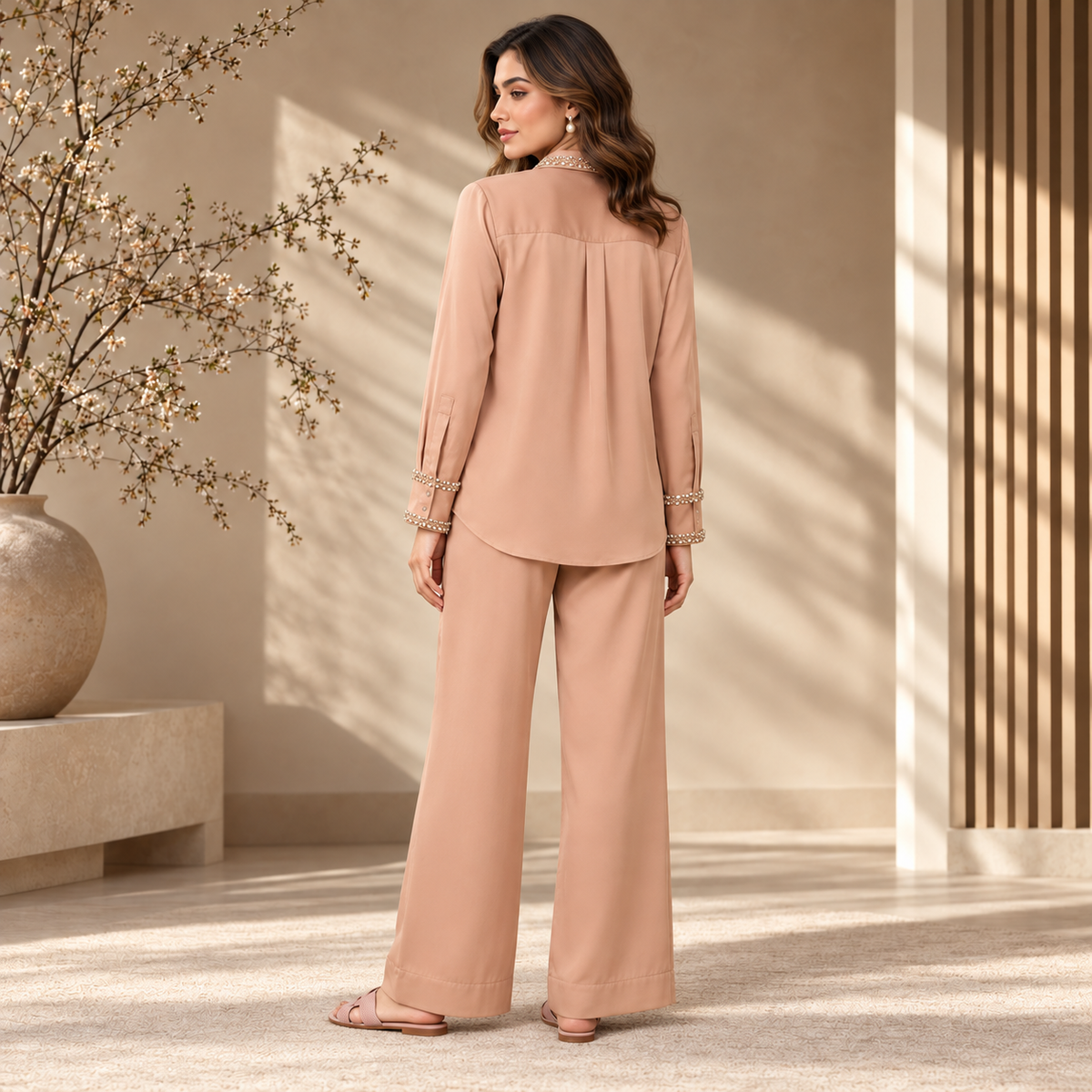 Women's Blush Peach Pearl Embellished Shirt & Wide-Leg Palazzo 2-Piece Co-Ord Set
