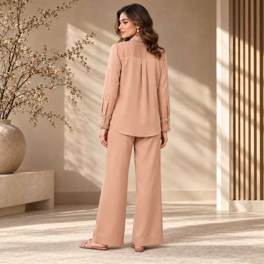 Women's Blush Peach Pearl Embellished Shirt & Wide-Leg Palazzo 2-Piece Co-Ord Set