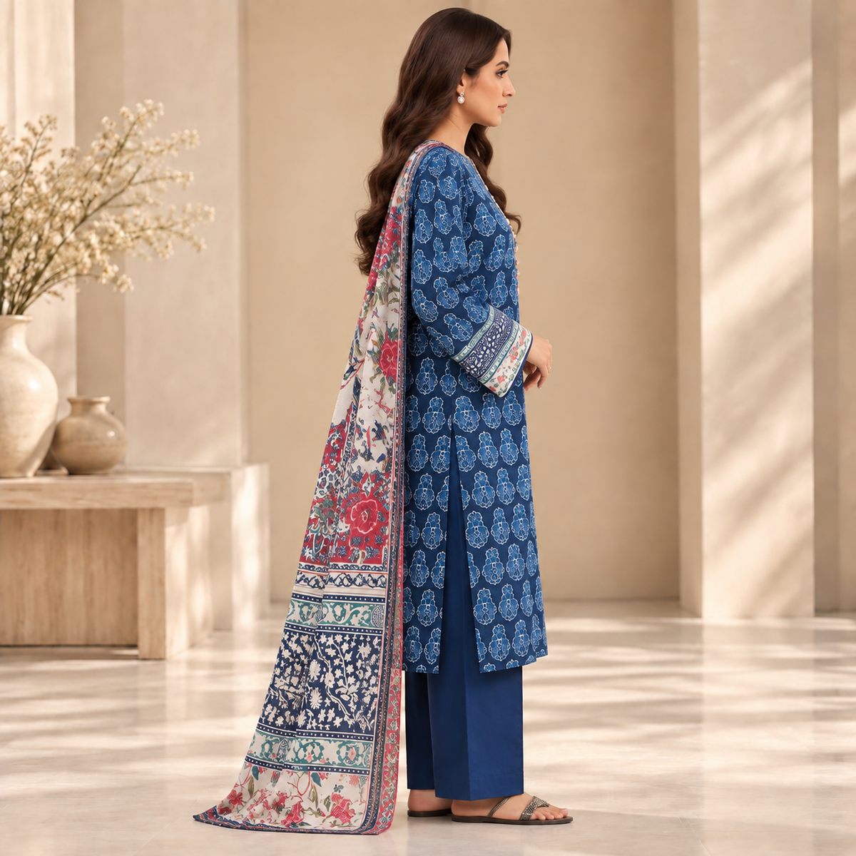 Royal Azure Floral Printed 3-Piece Suit