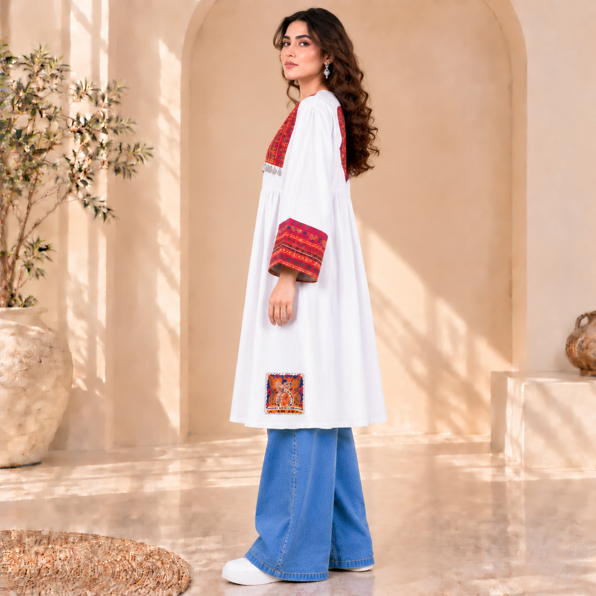 Afghan Heritage White Embroidered Statement Coat