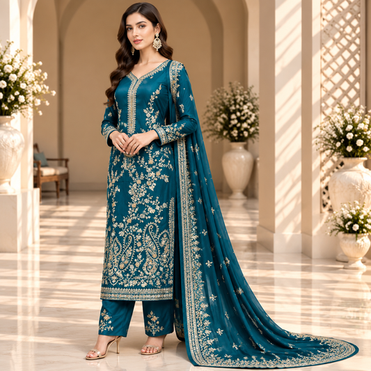 Oceanic Majesty – Luxury Teal Blue Pakistani Embroidered Suit