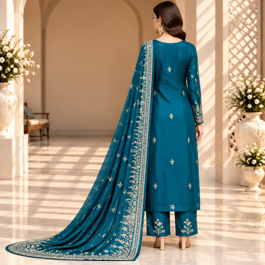 Oceanic Majesty – Luxury Teal Blue Pakistani Embroidered Suit