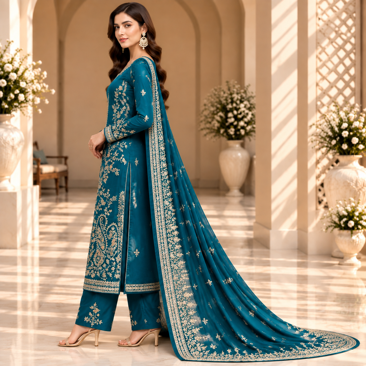 Oceanic Majesty – Luxury Teal Blue Pakistani Embroidered Suit
