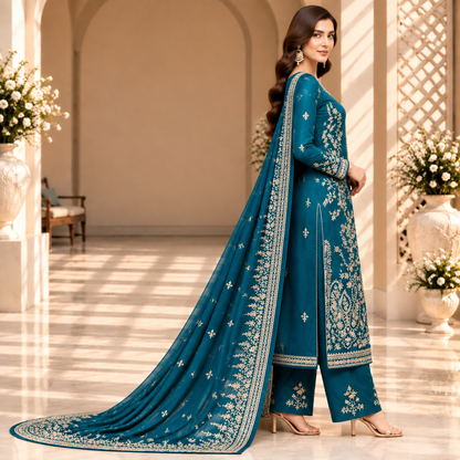 Oceanic Majesty – Luxury Teal Blue Pakistani Embroidered Suit