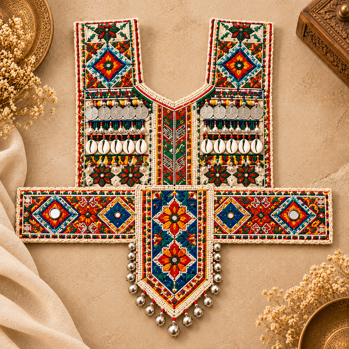 Ivory Multicolor Tribal Embroidered V-Neck Patch with Mirror Work, Cowrie Shells and Silver Bell Tassels