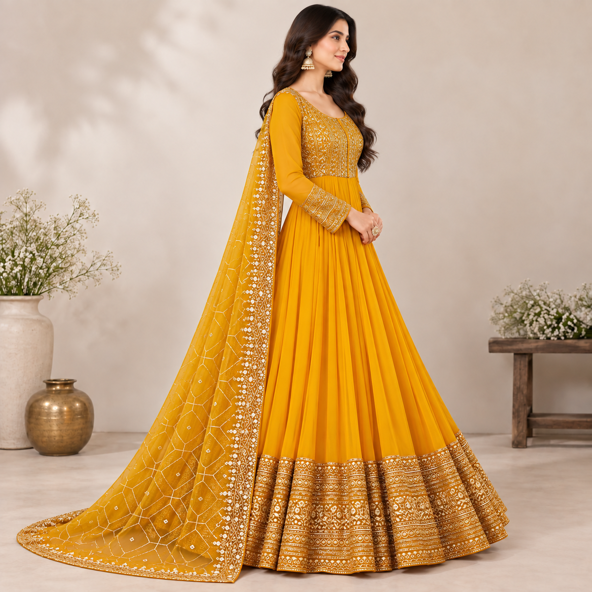Mustard Gold Embroidered Anarkali Dress