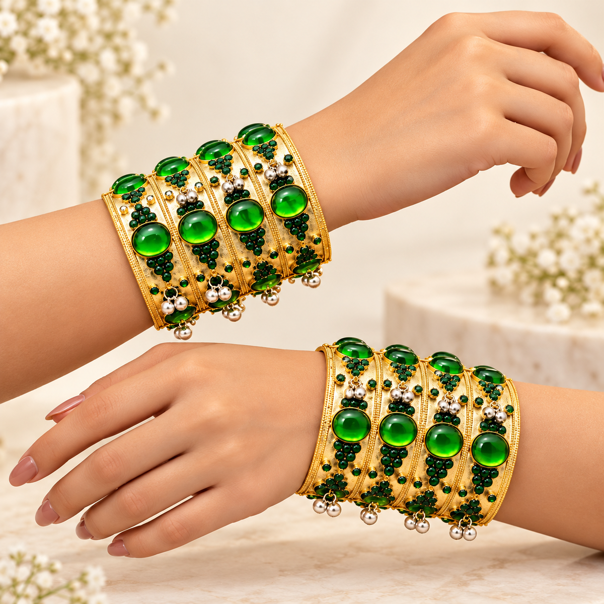 Emerald Green Bridal Cuff Bangles Set