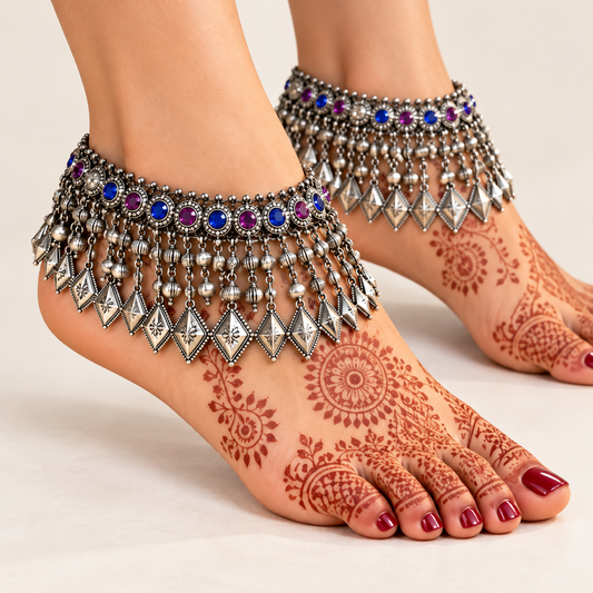 Royal Blue & Amethyst Oxidized Bridal Anklet Pair