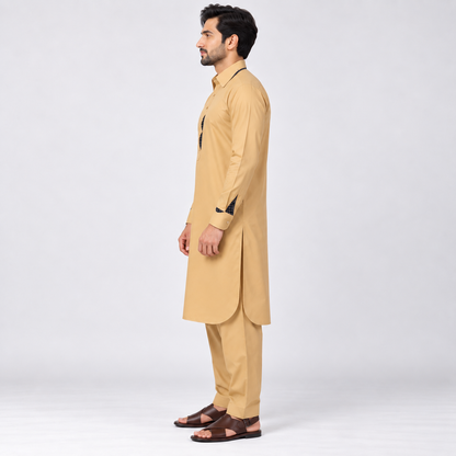 Classic Tan Shalwar Kameez with Patterned Trim